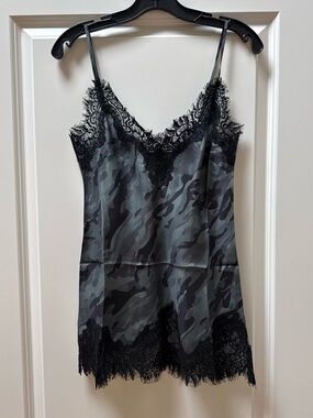 Gold Hawk 100% Silk Camisole – Gray Camo Print with Black Eyelash Lace